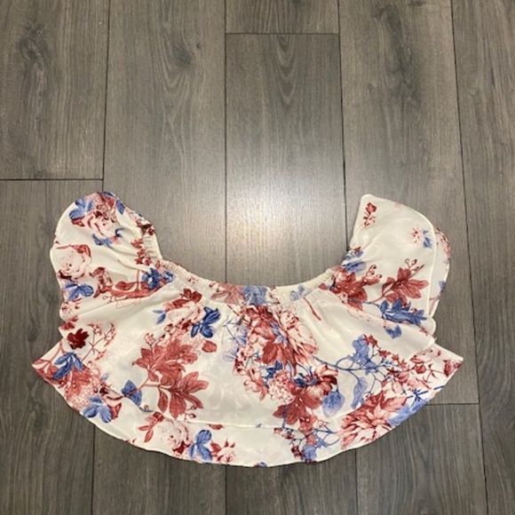 MISA Los Angeles Suvi Floral Satin Ruffled Off The Shoulder Crop Top Size M - Picture 6 of 7